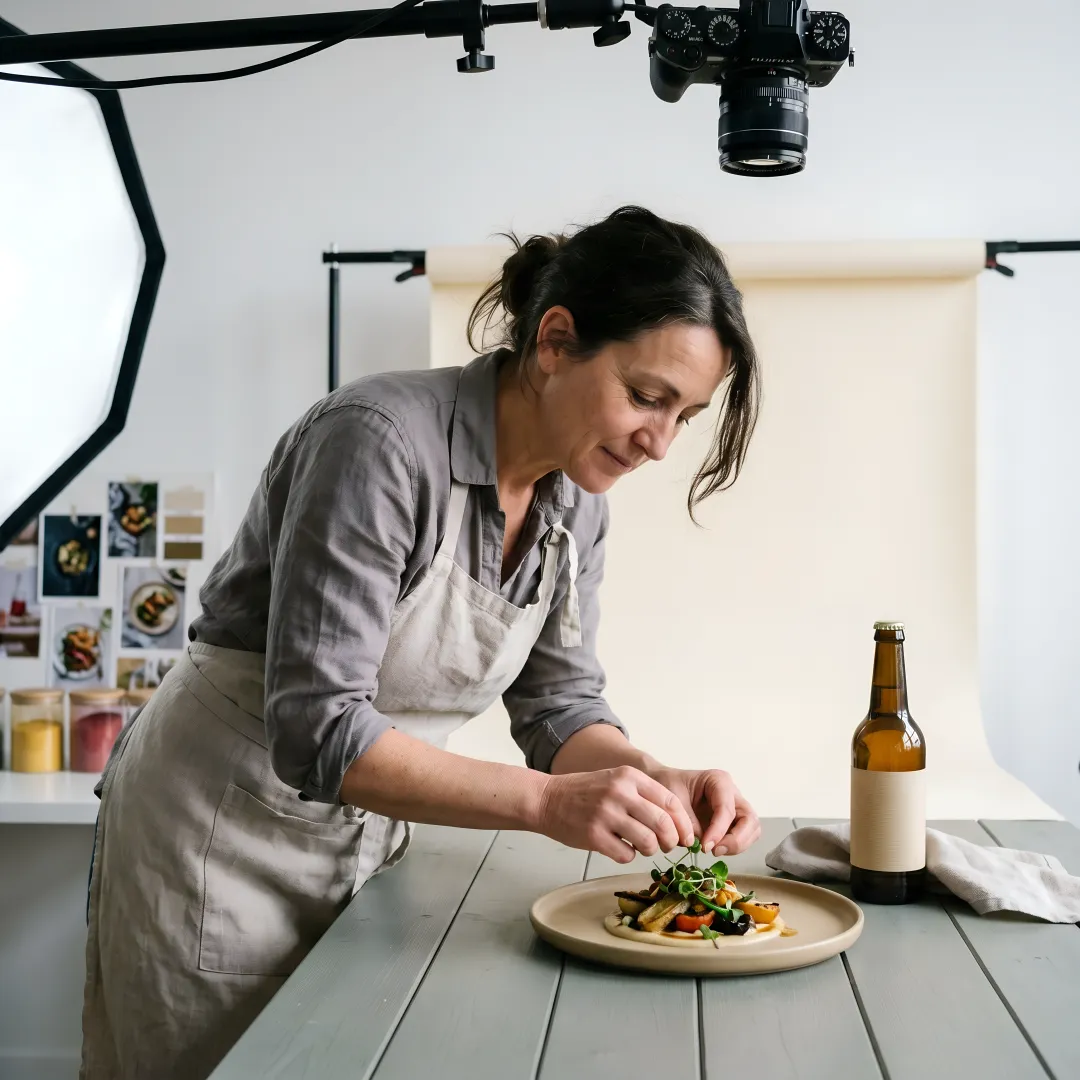 Food stylist preparing product photography