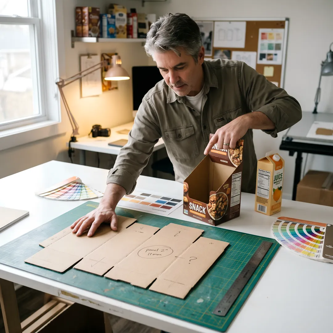 Designer reviewing cardboard display carton mockups