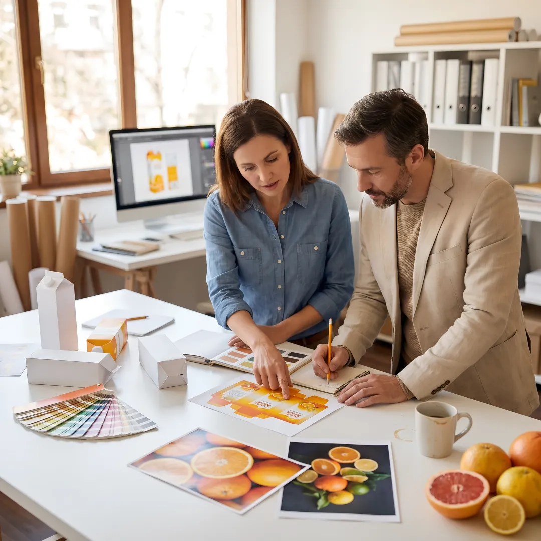 Designer reviewing juice carton packaging concepts