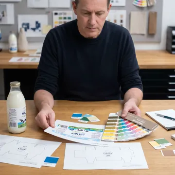 Designer reviewing milk bottle label proofs