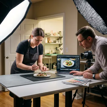 Food stylist preparing a studio photography setup
