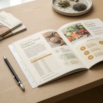 Open organic food brochure with SKU details