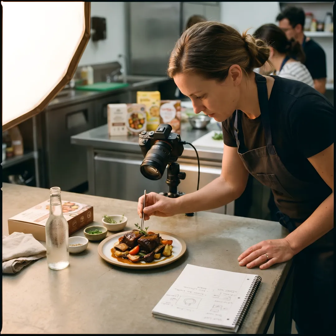 Food stylist preparing product photography shoot