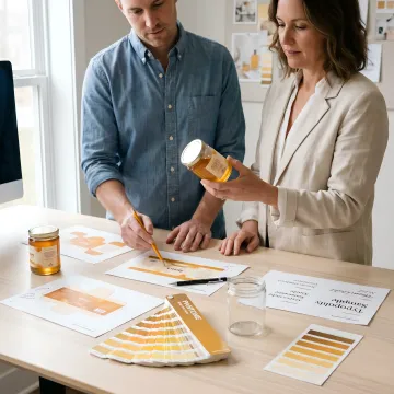Designer reviewing honey jar label concepts
