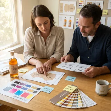 Designer reviewing vinegar bottle label concepts