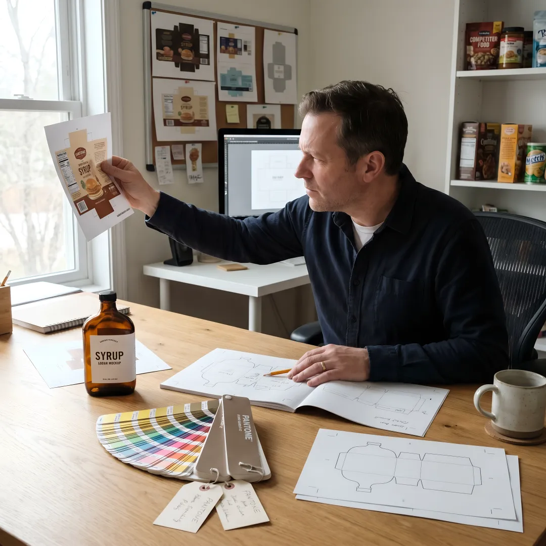 Designer reviewing syrup label proofs