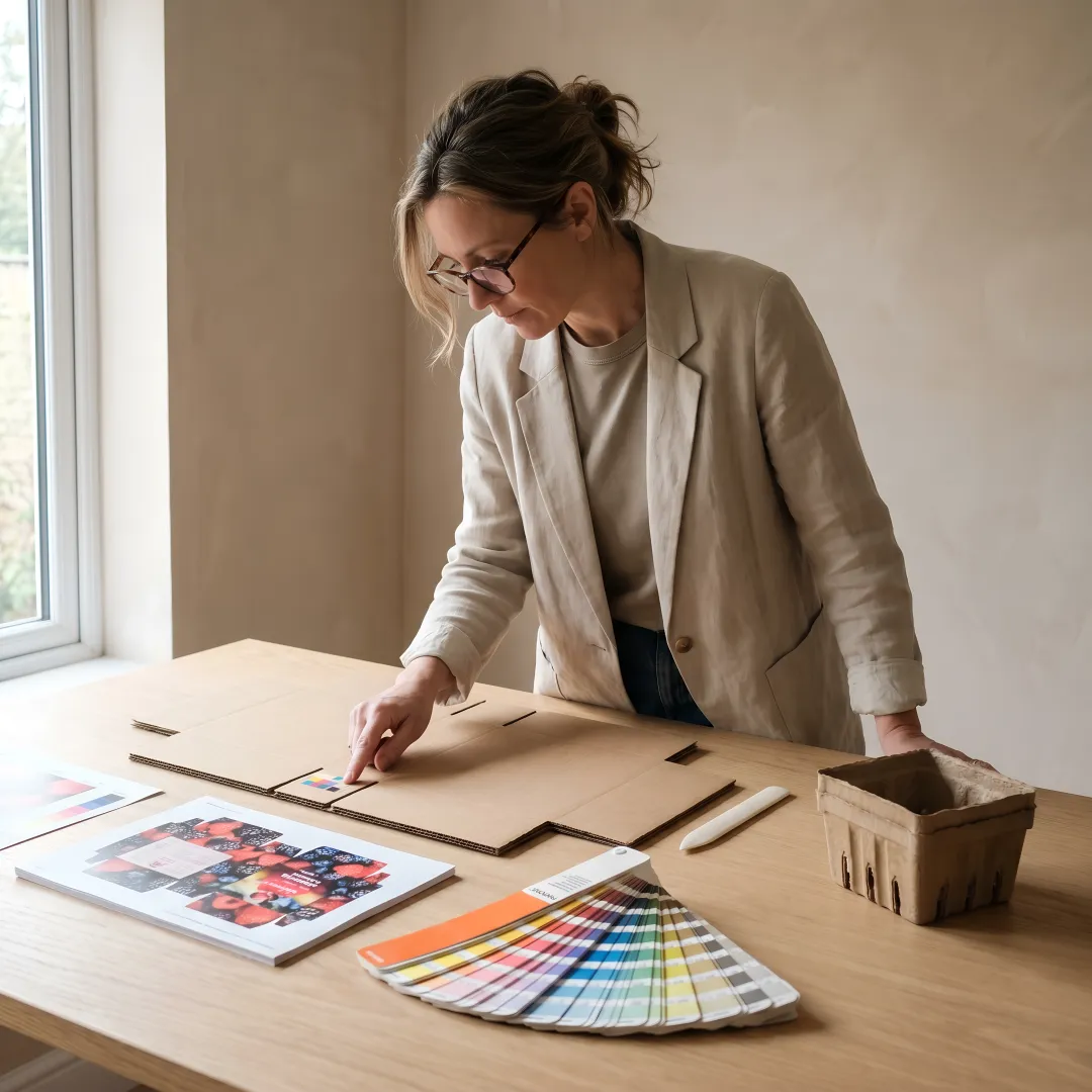 Designer reviewing corrugated fruit box templates