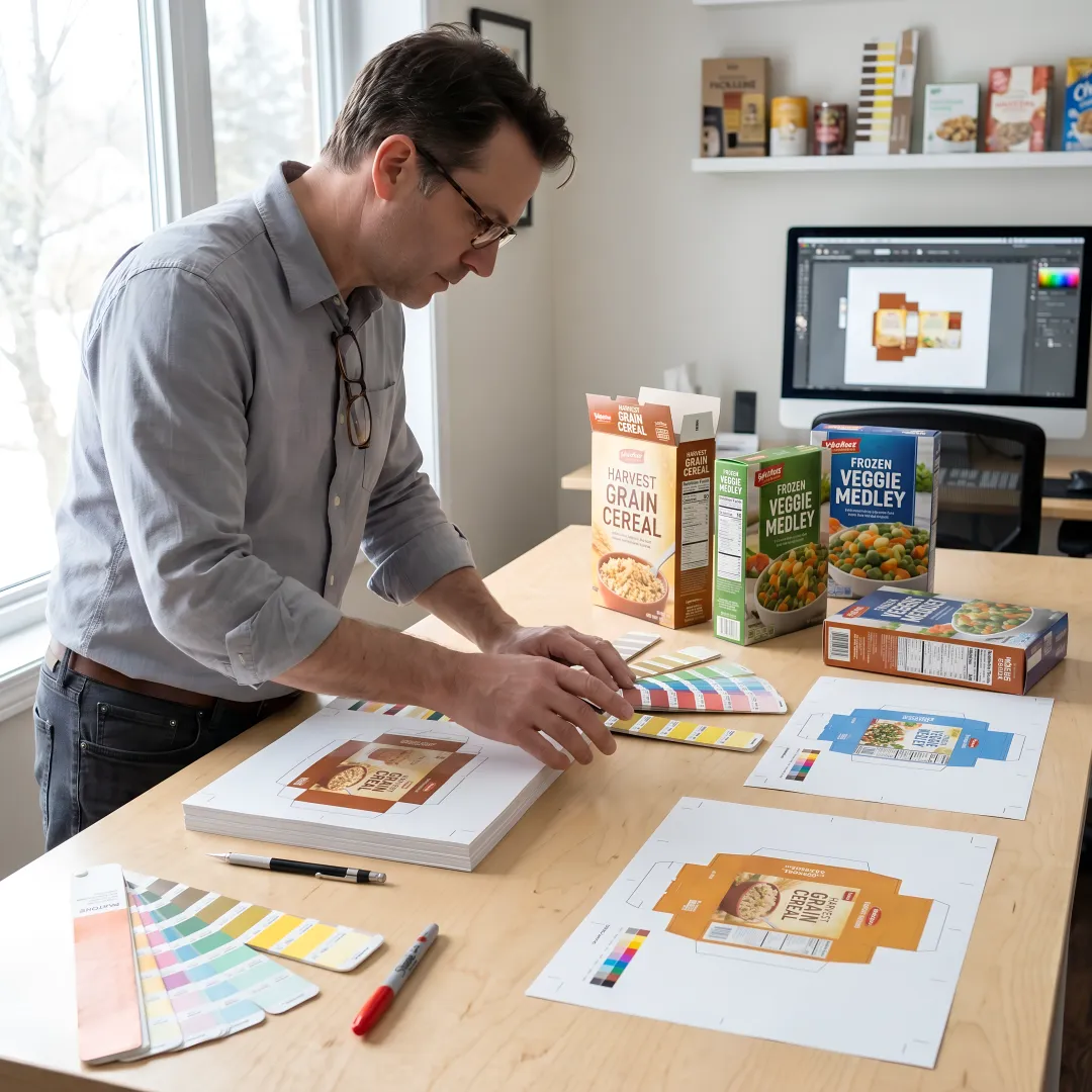 Packaging designer reviewing carton dielines