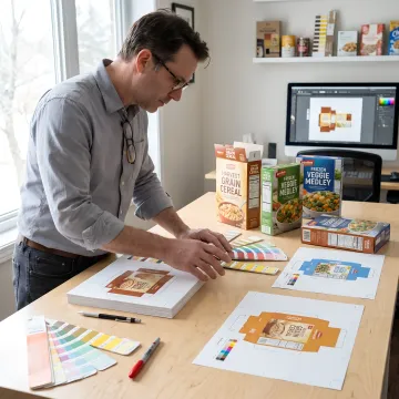 Packaging designer reviewing carton dielines