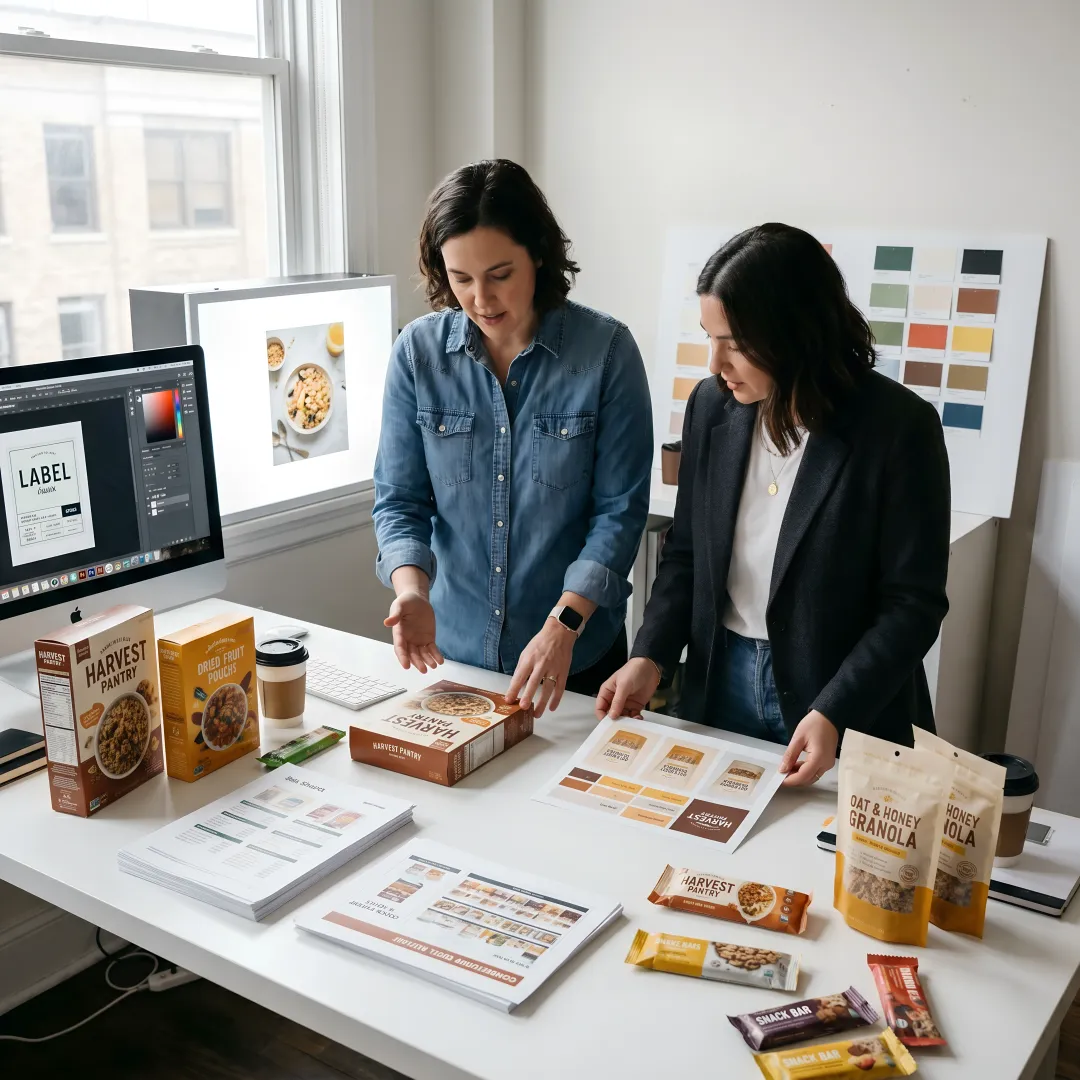 Food marketing strategy session with packaging and sell sheets