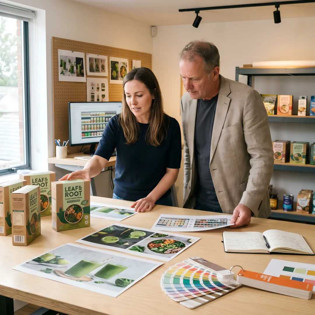 Creative team reviewing plant-based package designs