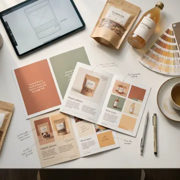 Organic product brochure templates on a design desk