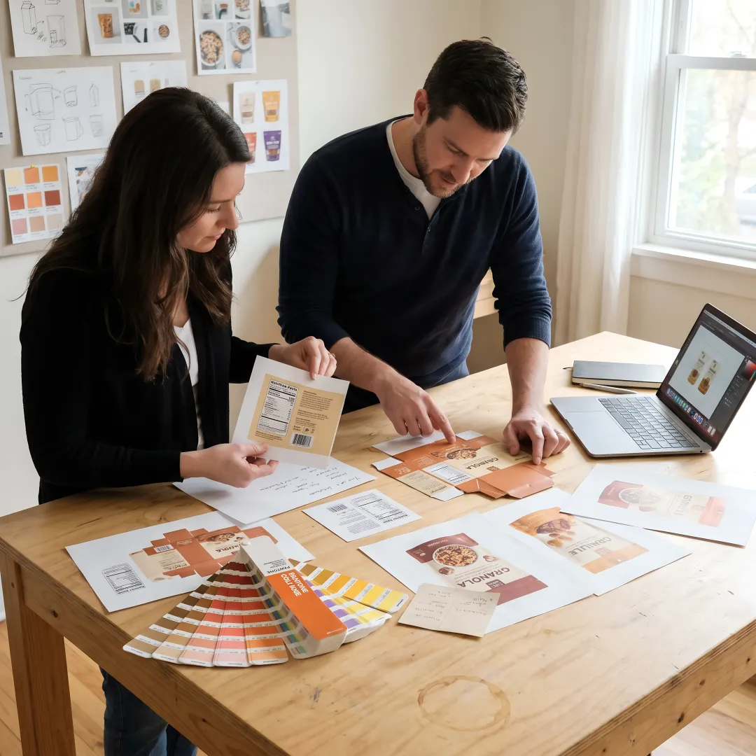 Designer reviewing food label concepts