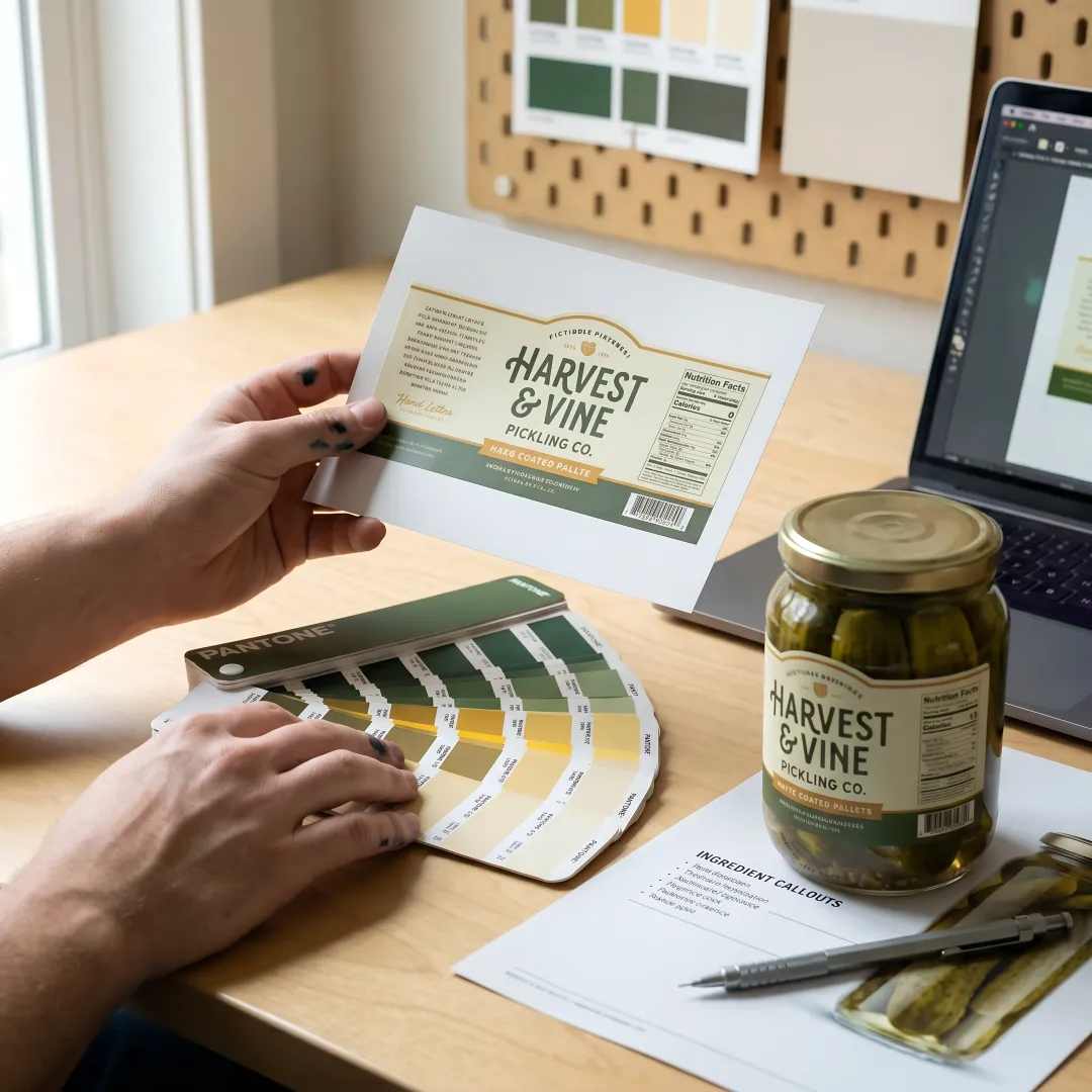 Designer reviewing pickle label proofs