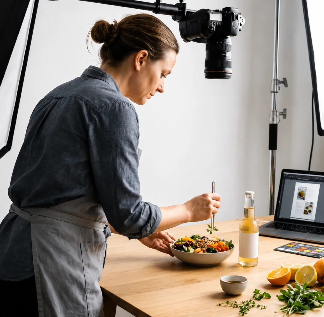 Food stylist preparing a product photography shoot