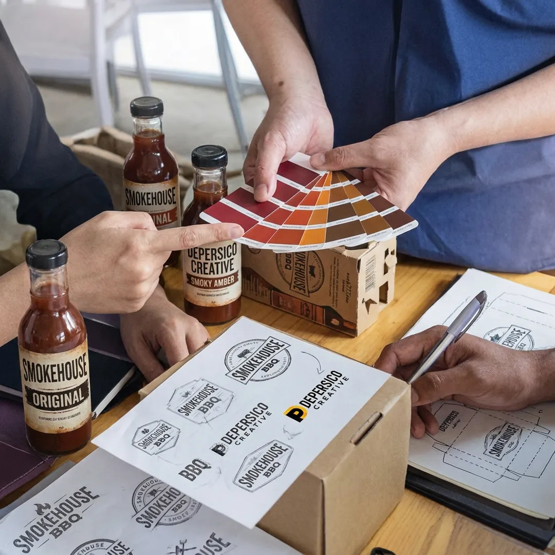 Designer reviewing barbecue sauce logo concepts