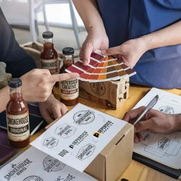 Designer reviewing barbecue sauce logo concepts