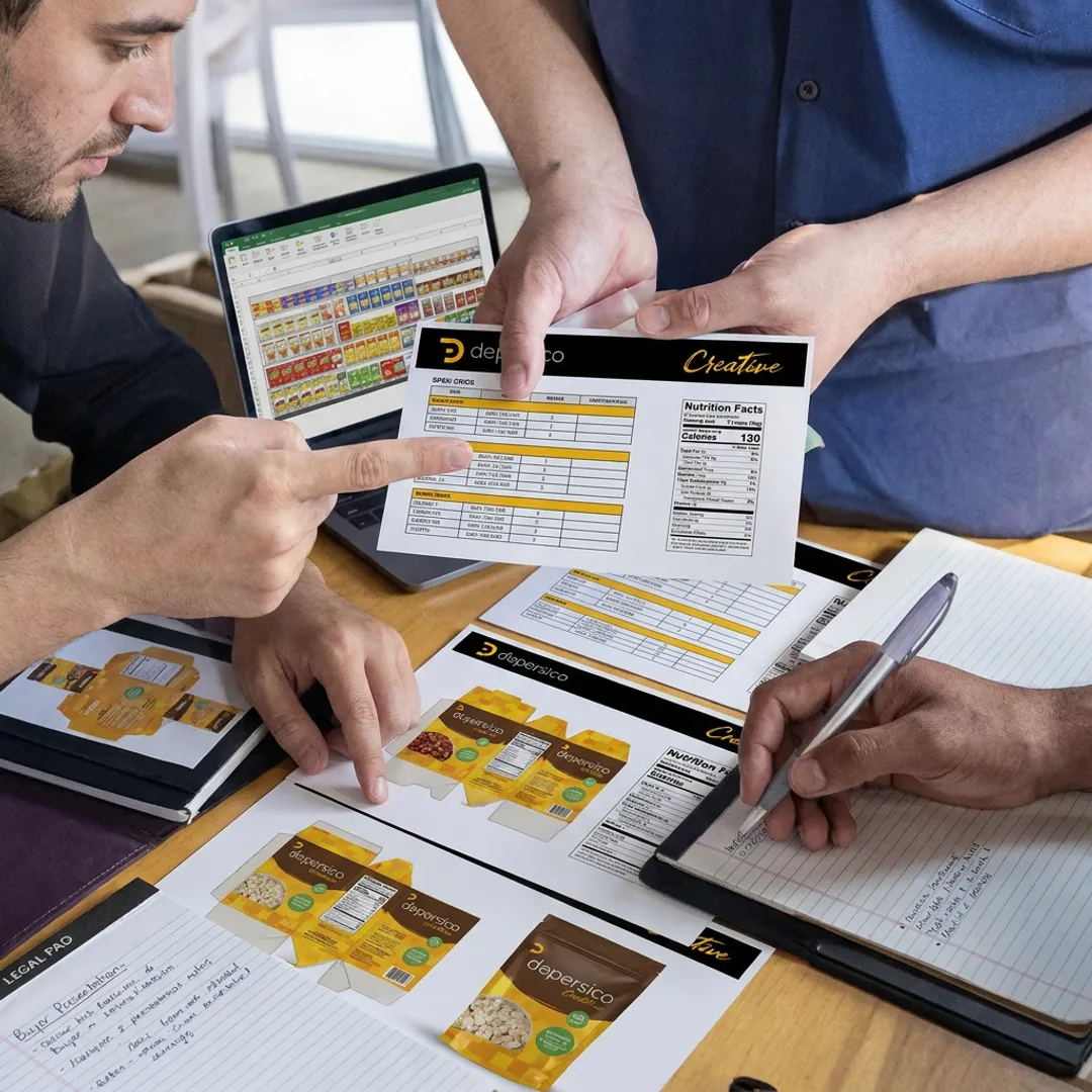 CPG team reviewing product spec sheet layouts