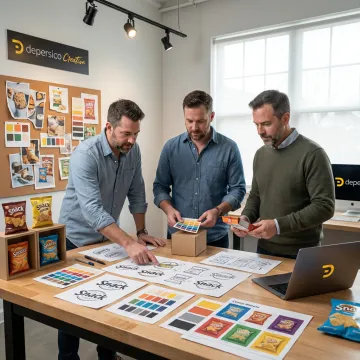 Design team reviewing snack logo concepts