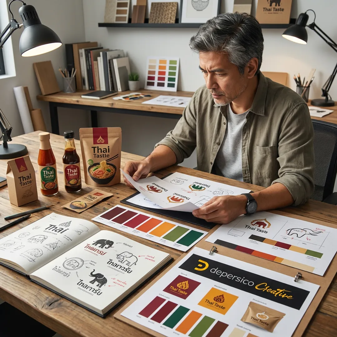 Designer reviewing Thai food logo concepts