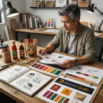 Designer reviewing Thai food logo concepts
