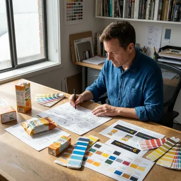 Designer reviewing food box logo concepts