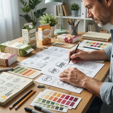 Designer reviewing CPG logo concepts on food packaging