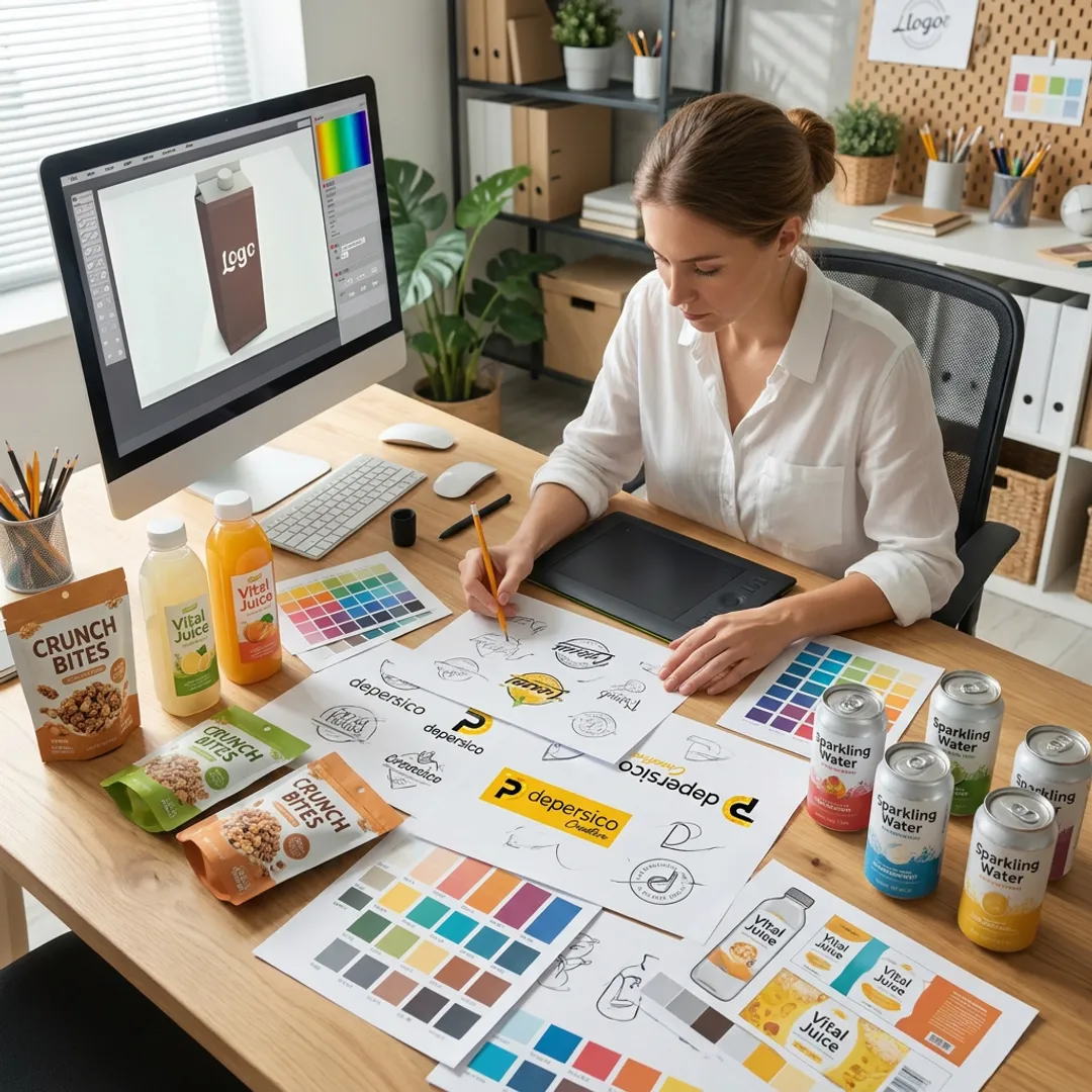 Designer reviewing food logo concepts