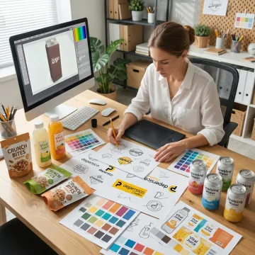 Designer reviewing food logo concepts
