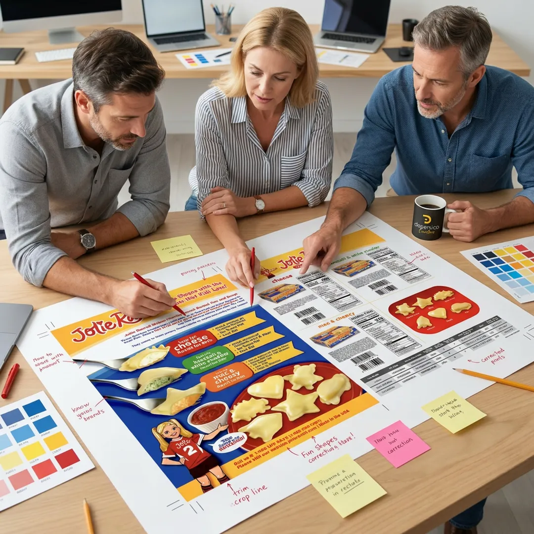 Designer reviewing frozen food brochure layouts