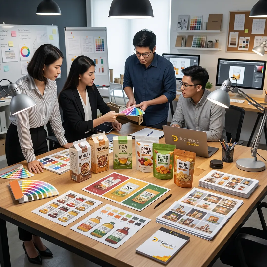 Design team reviewing food package graphics