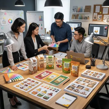 Design team reviewing food package graphics