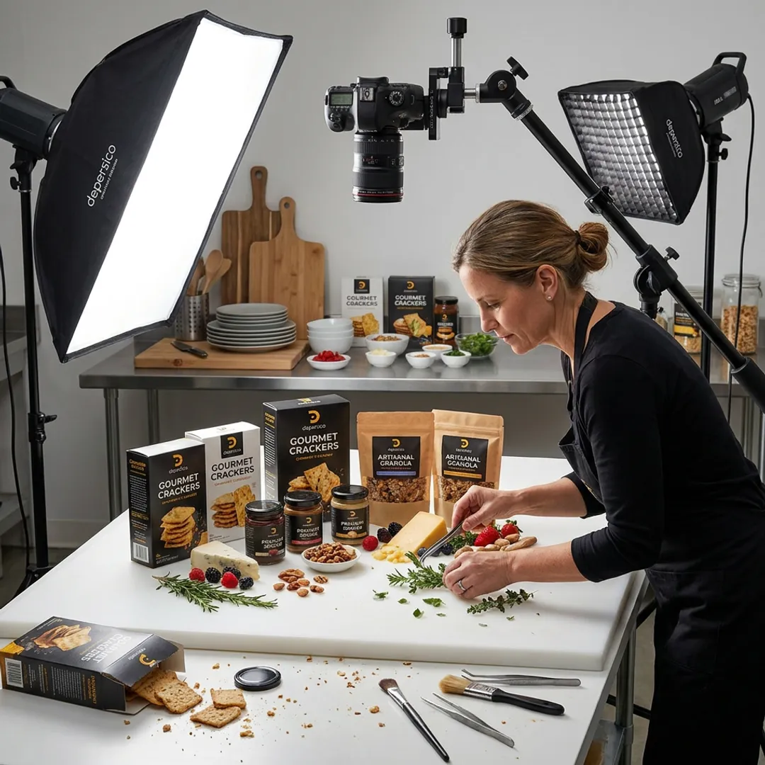 Food photography team styling packaged products in studio