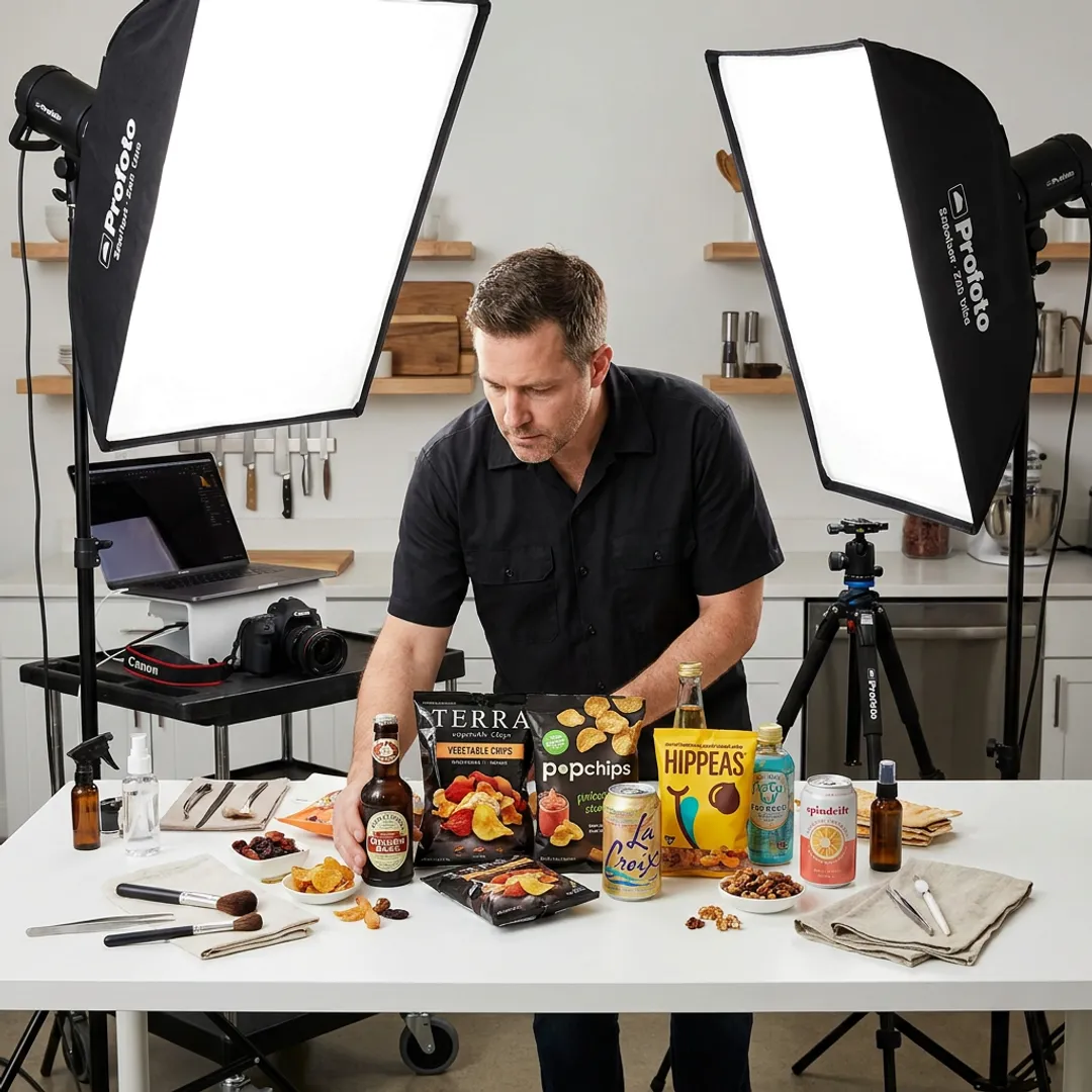 Food photographer styling products in studio