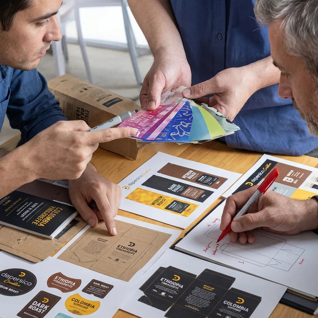 Designer reviewing coffee bag packaging concepts
