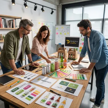 Designer reviewing beverage logo concepts