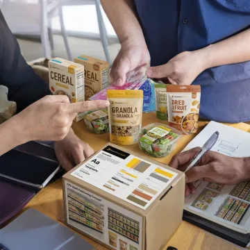Design team reviewing food package concepts