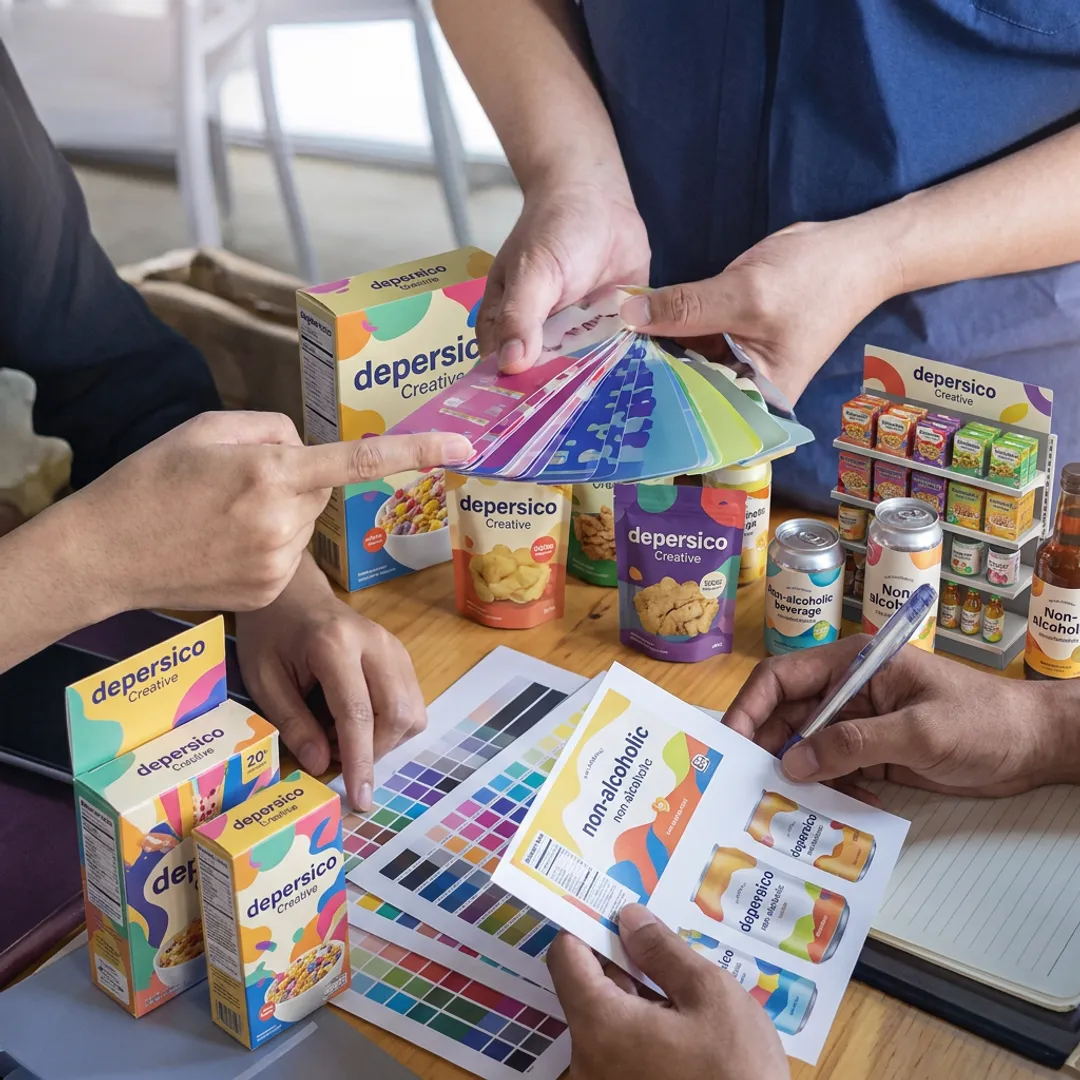 Creative team reviewing food package designs