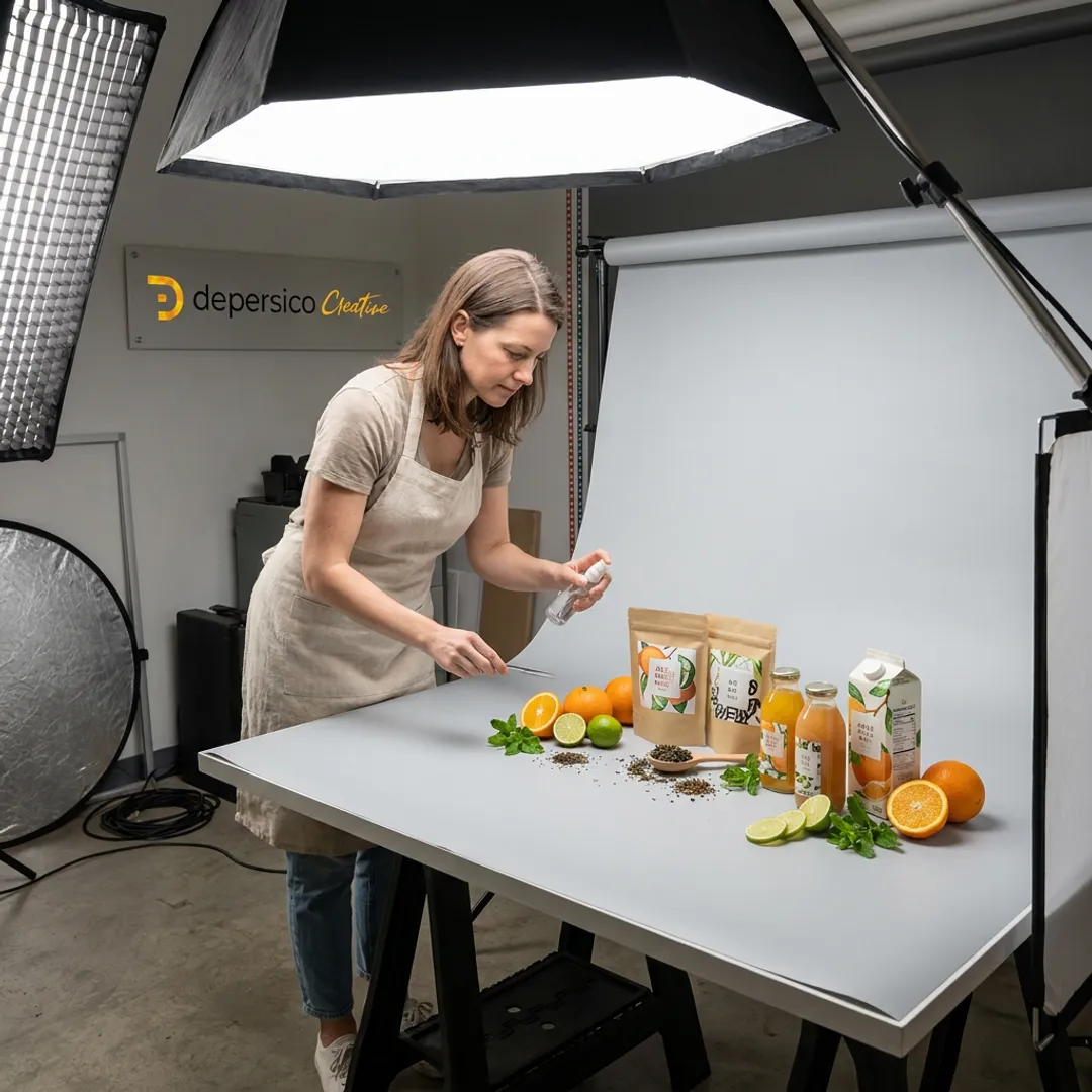 Food stylist arranging product photography for CPG packaging