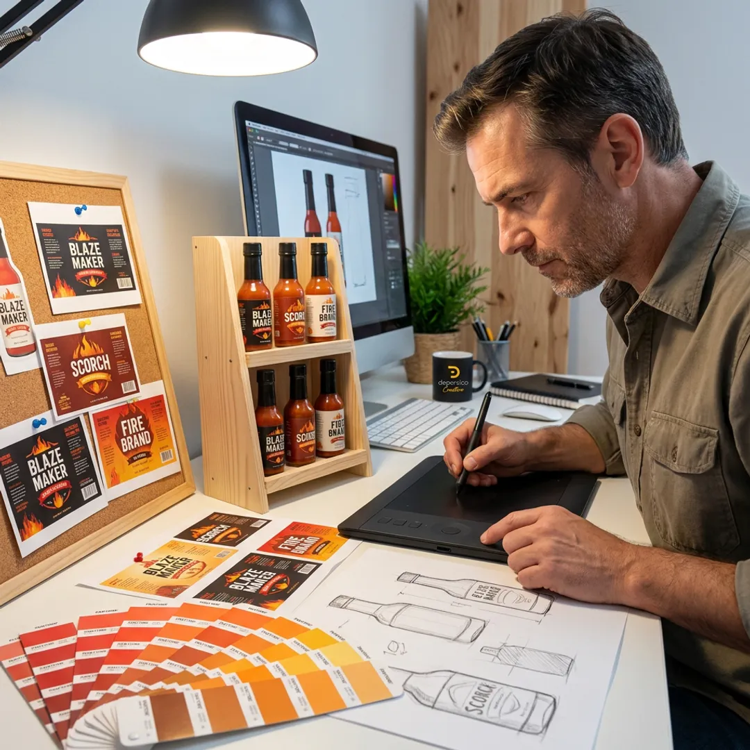 Designer reviewing hot sauce label concepts