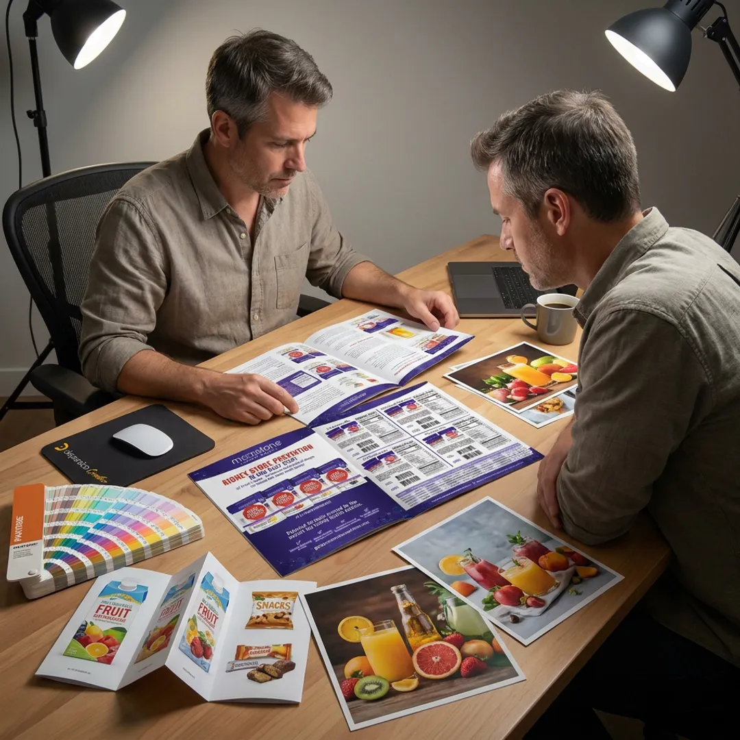 Designer reviewing food brochure layouts