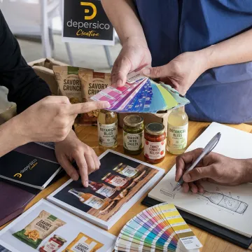Food branding team reviewing package designs