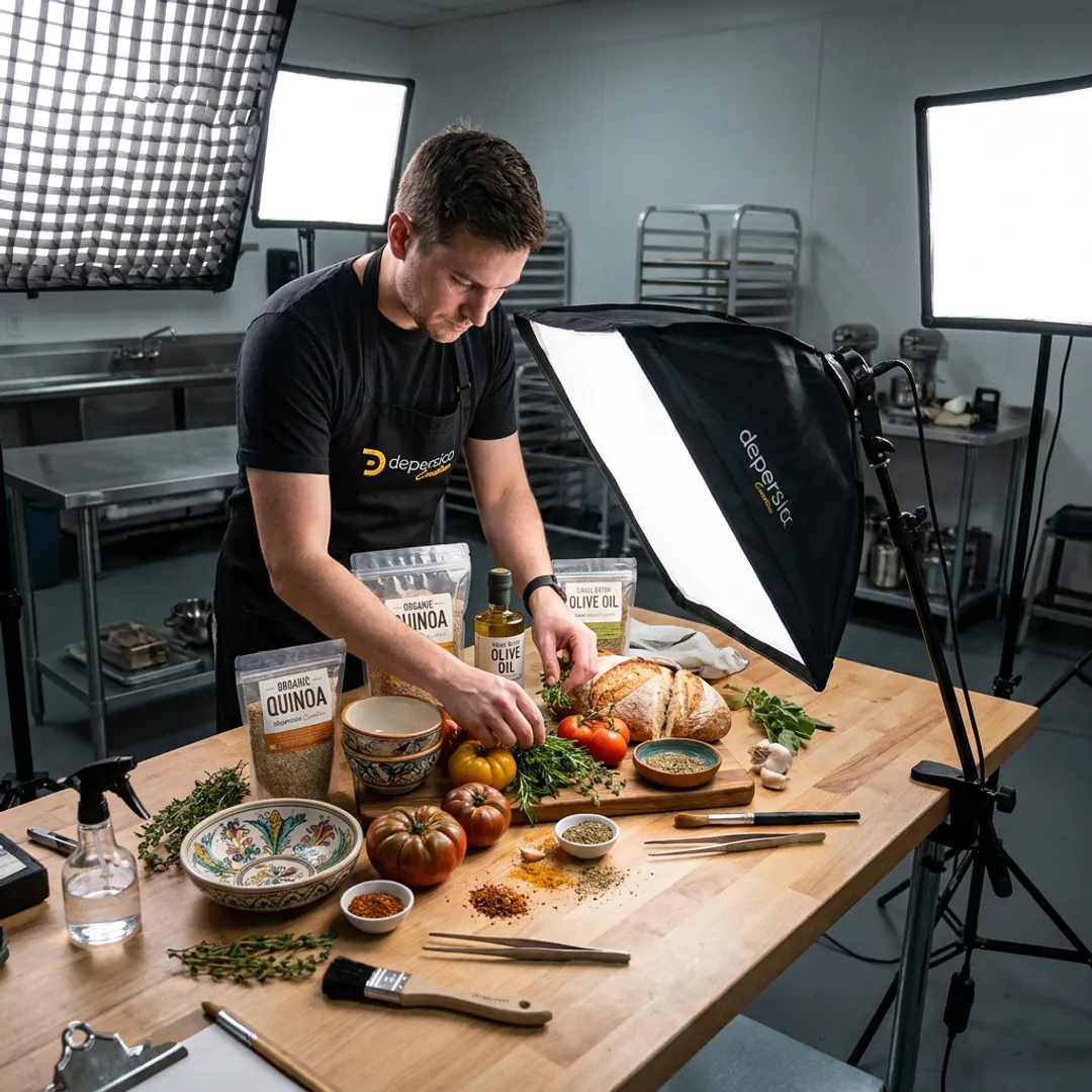Food photographer styling fresh ingredients in studio