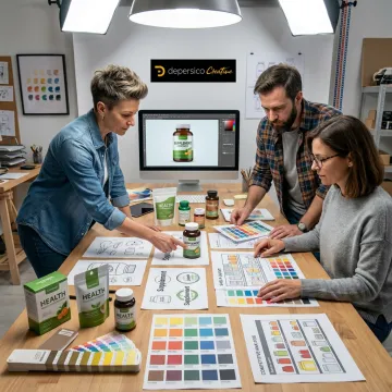 Design team reviewing supplement logo concepts