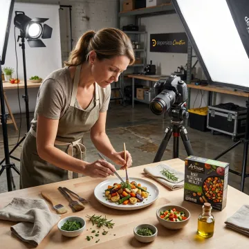 Food stylist preparing product photography set