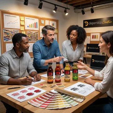 Design team reviewing food logo concepts