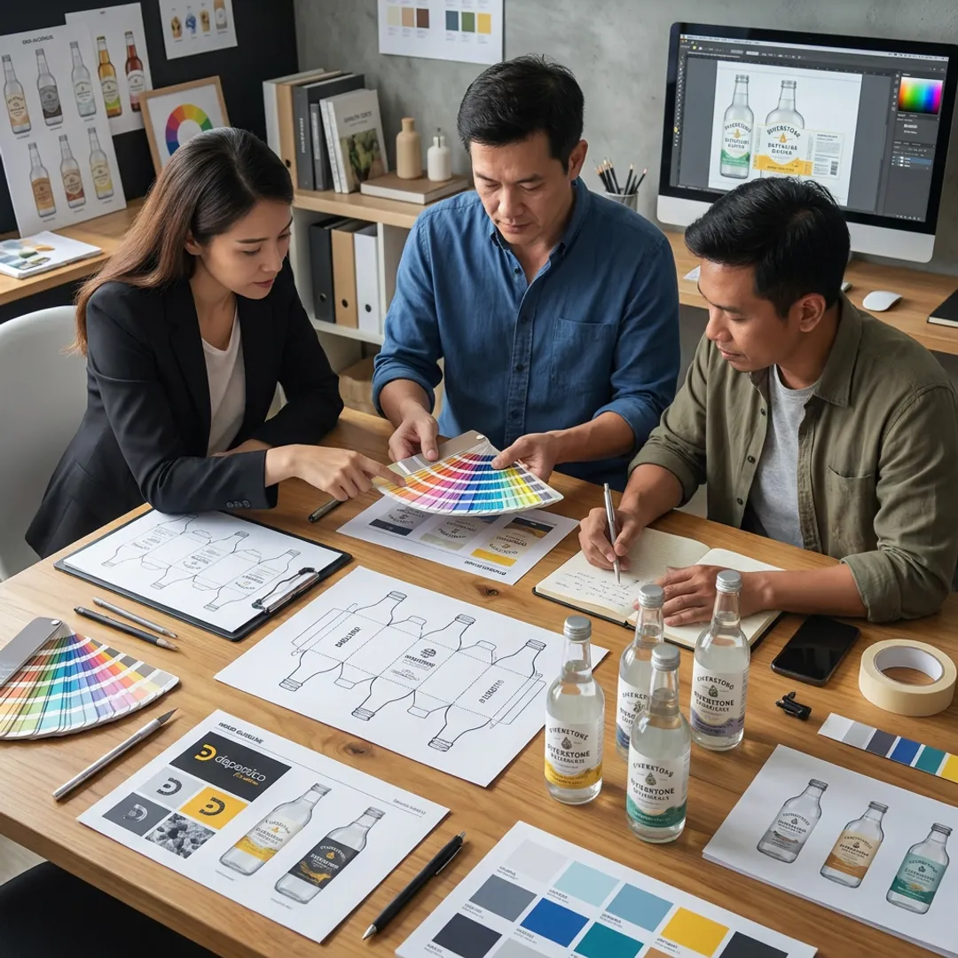 Designer reviewing beverage bottle label concepts