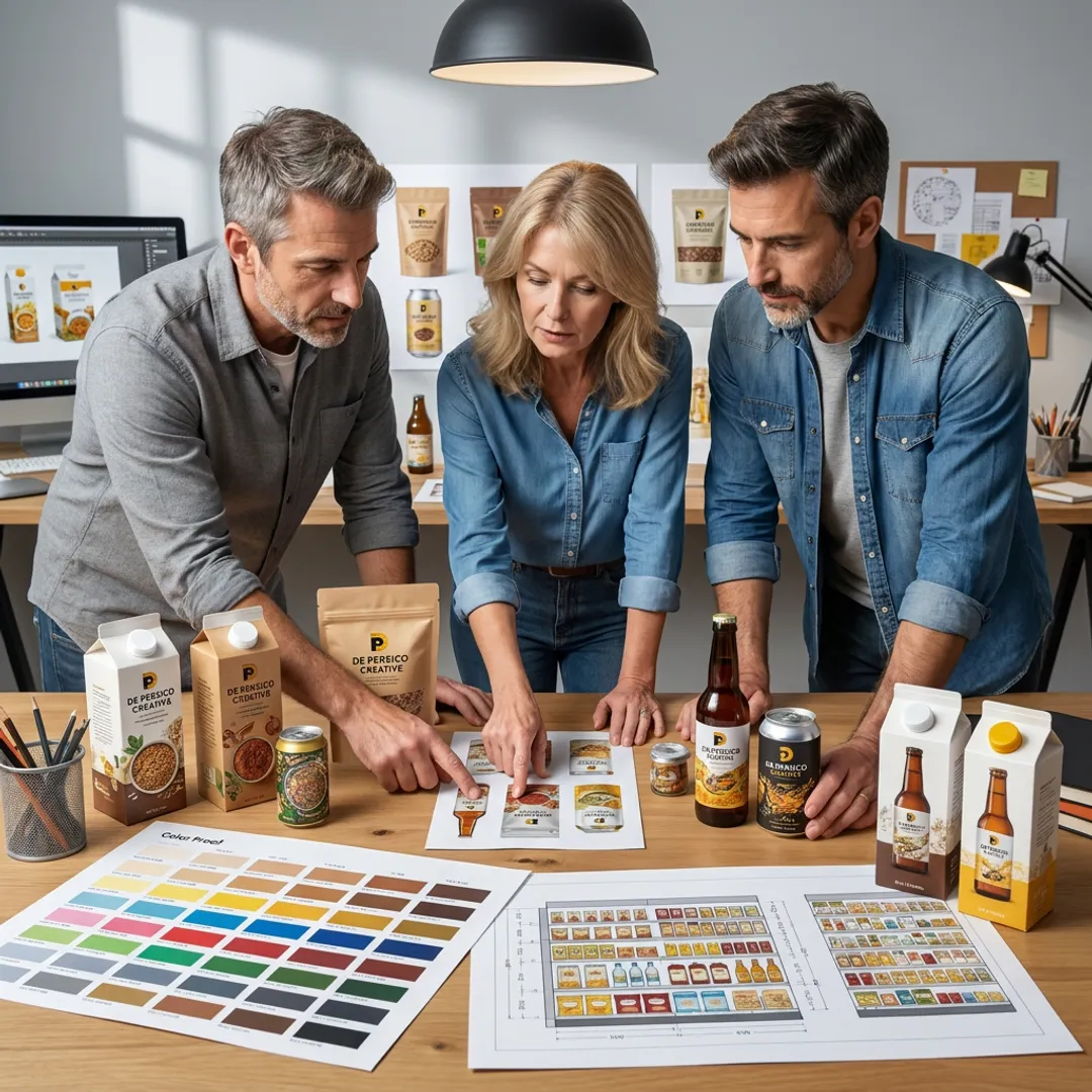 Food branding team reviewing package design concepts