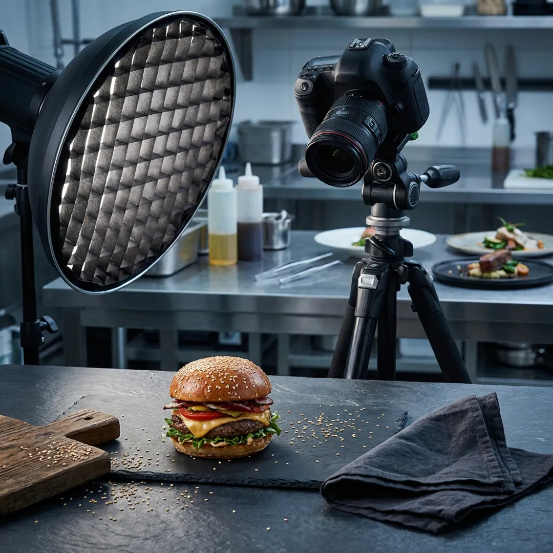Food photographer styling a burger in studio