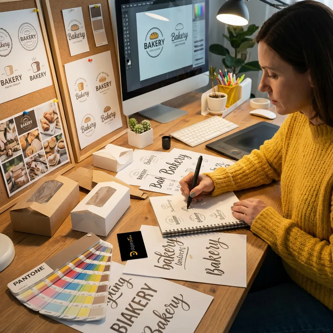 Designer creating bakery logo identity concepts
